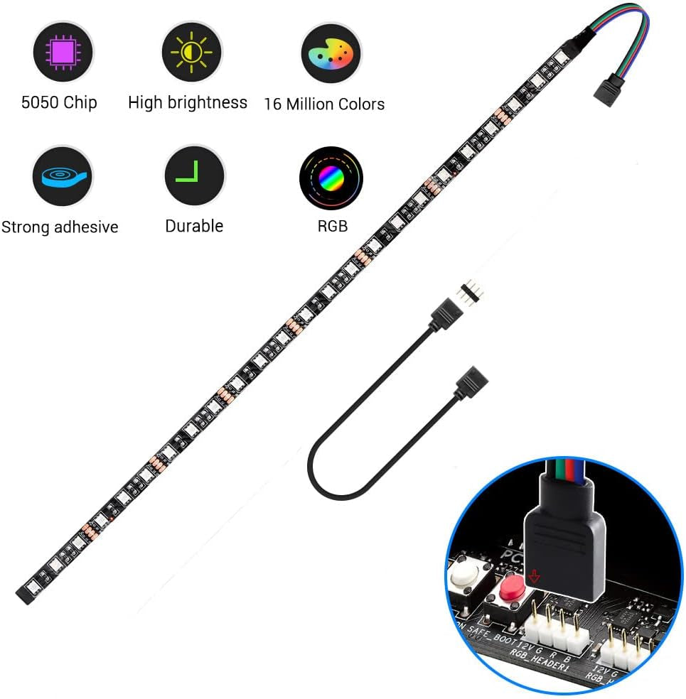 LED RGB PC Light Strip 1Pcs 19.7In RGB LED Strip for 12V 4-Pin RGB LED Headers for ASUS Aura Sync, Gigabyte RGB Fusion, MSI Mystic Light, Asrock RGB