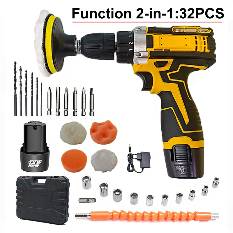 Lithium Electric Drill 1 or 2 Batteries Electric Screwdriver Hand Electric Drill Electric Tool Set Multifunctional Accessory Box
