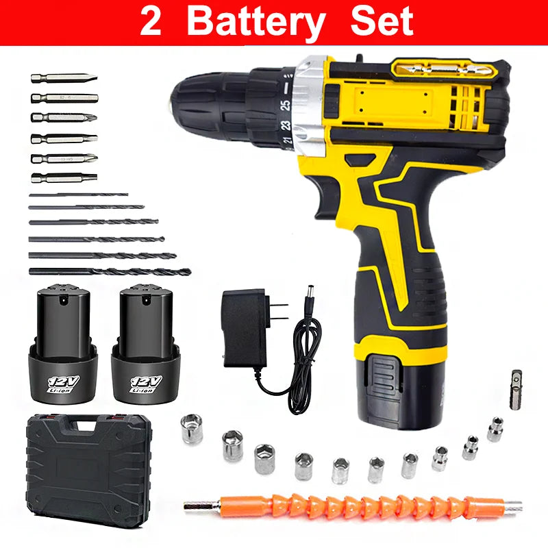 Lithium Electric Drill 1 or 2 Batteries Electric Screwdriver Hand Electric Drill Electric Tool Set Multifunctional Accessory Box