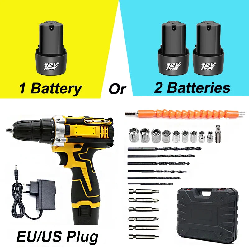 Lithium Electric Drill 1 or 2 Batteries Electric Screwdriver Hand Electric Drill Electric Tool Set Multifunctional Accessory Box