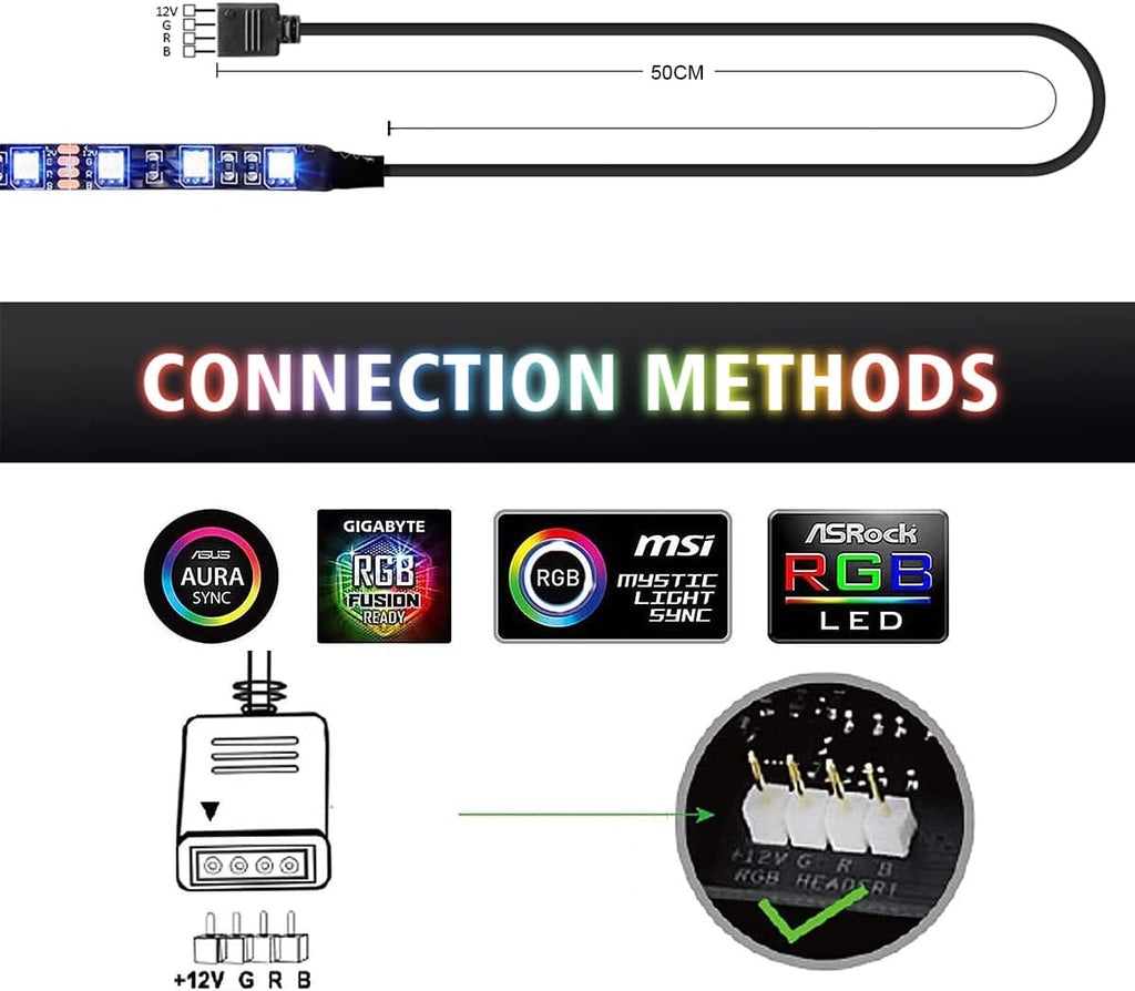 LED RGB PC Light Strip 1Pcs 19.7In RGB LED Strip for 12V 4-Pin RGB LED Headers for ASUS Aura Sync, Gigabyte RGB Fusion, MSI Mystic Light, Asrock RGB