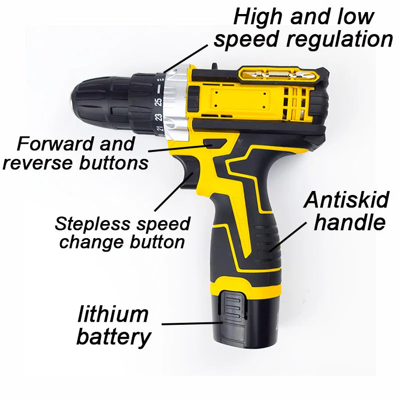 Lithium Electric Drill 1 or 2 Batteries Electric Screwdriver Hand Electric Drill Electric Tool Set Multifunctional Accessory Box